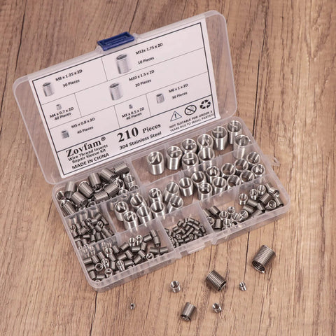 Pro Grade Wire Thread Inserts Kit in 304 Stainless Steel assortment for Metric M3 through M12 sizes, 210 pieces in case