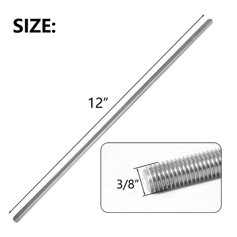 Versatile 304 stainless steel fully threaded rods deliver strong, secure, continuous threading for DIY projects, 3/8 inch diameter, 12 inch length, right hand threads, 2 pack shown in size illustration.
