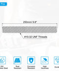 Durable 304 stainless steel fully threaded rod delivers corrosion-resistant strength for indoor or outdoor projects; 9.8 inch length, UNF #10-32 threads, 2-pack, showing thread details and dimensions.