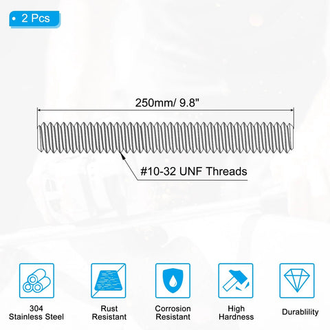 Durable 304 stainless steel fully threaded rod delivers corrosion-resistant strength for indoor or outdoor projects; 9.8 inch length, UNF #10-32 threads, 2-pack, showing thread details and dimensions.