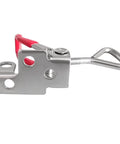 Side view of Toggle Latch Clamp 304 Stainless Steel Heavy Duty With Lock Hole Adjustable Hasp, corrosion resistant, with red handle.