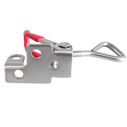 Side view of Toggle Latch Clamp 304 Stainless Steel Heavy Duty With Lock Hole Adjustable Hasp, corrosion resistant, with red handle.