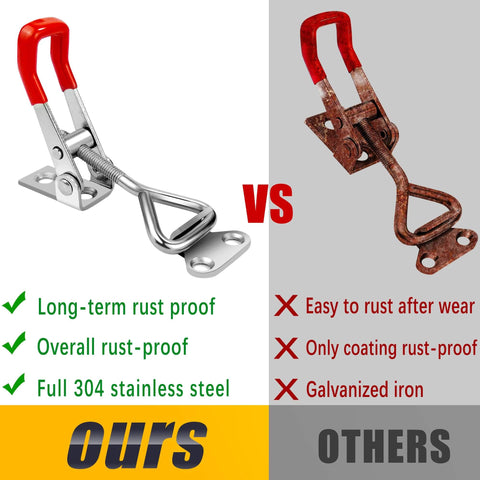 Durable 304 stainless steel toggle latch clamps offer secure, quick-release operation versus rusted galvanized iron toggle.