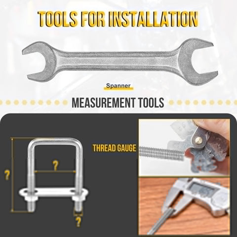 Durable 304 Stainless Steel Square U Bolt Kit With Nuts, Washers And Frame Plates In A 2 Set with spanner and measurement tools