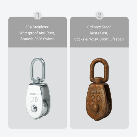 Comparison of 304 Stainless Steel Swivel Pulley Block M20 and ordinary steel pulley, showcasing material differences.