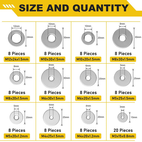 Infographic showing 304 Stainless Flat And Fender Washers Set 108 Pcs 12 Sizes M3 To M12 dimensions and quantity per size.