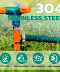 Hose with 304 stainless steel single ear clamp attached to a sprinkler, displaying anti-rust, anti-corrosion, and anti-vibration icons.