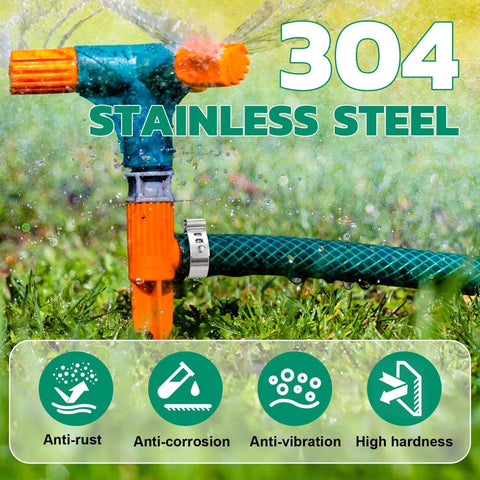 Hose with 304 stainless steel single ear clamp attached to a sprinkler, displaying anti-rust, anti-corrosion, and anti-vibration icons.