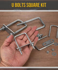 Durable 304 Stainless Steel Square U Bolt Kit With Nuts, Washers And Frame Plates In A 2 Set on a wooden surface