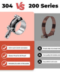 Comparison of 304 stainless steel T-bolt hose clamp vs 200 series clamp with features and benefits for automotive use.
