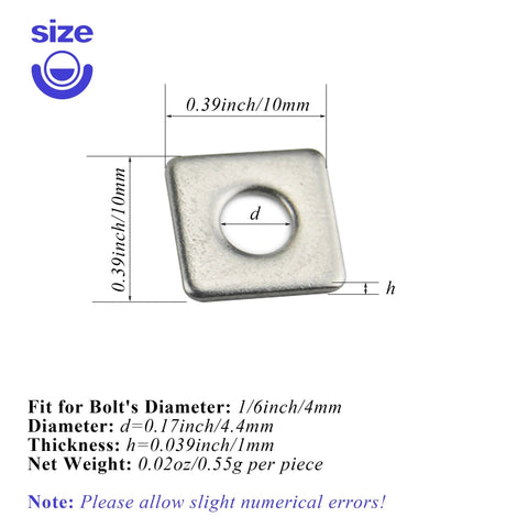 304 Stainless Steel M4 Square Plate Washer, 10x10x1 mm, with measurements, for load distribution and anti-rotation protection.