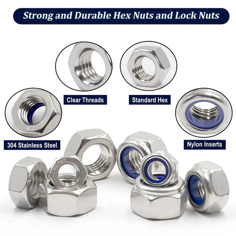 360 Piece Metric Hex Nuts and Locknuts Kit With Nylon Insert Nylock, 304 Stainless Steel, showcasing hex nuts and locknuts.