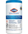 Front view of Clorox Healthcare Bleach Germicidal Wipes canister with blue cap (6 x 5 in wipes).