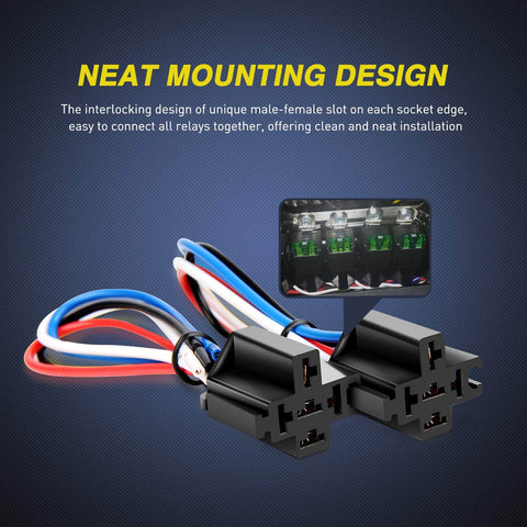 Five Pack 30A Fused Relay Switch Kit For 12V Systems With 4 Pin SPST Relays shown with interlocking design and 14AWG wiring