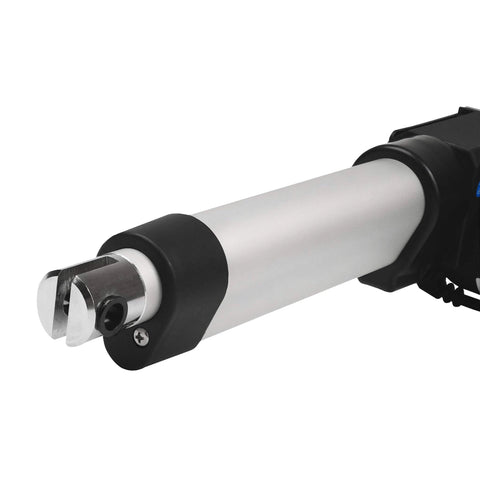 30 Inch Stroke Electric Linear Actuator, 400 lbs Force, IP66 Water Resistance in a close-up view of the actuator's rod and connector