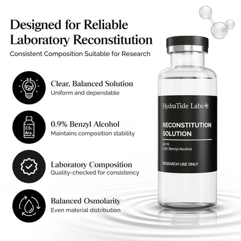 Two Pack 30 mL Glass Reconstitution Vials With Deionized Water And 0.9 Percent Benzyl Alcohol For Research Use with solution details