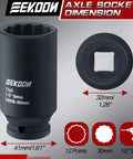 30Mm 12 Point Axle Nut Socket For One Half Inch Drive CrMo Steel Deep Well Hub Release Tool Spindle Nut Socket For Removing Axle Shaft Nuts Universal Fit For Front And Rear Wheel Drive Vehicles Compatible With Impact Wrench; socket dimensions and features displayed.