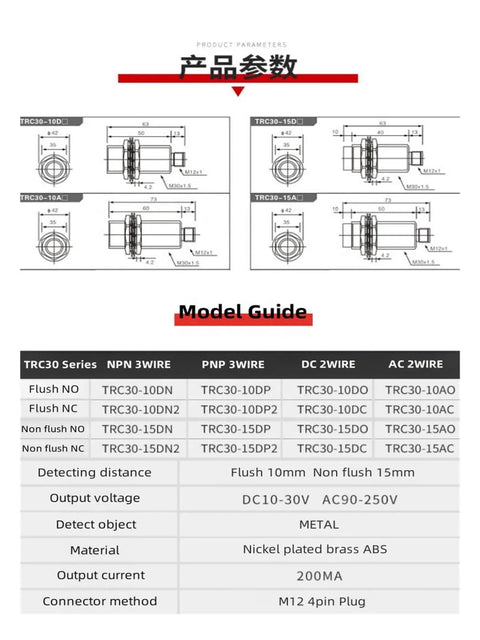Technical diagram and model guide for 30 Mm Inductive Proximity Sensor with Eddy Current Switch for Metal Detection, TRC30-10DN2 model.