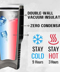 Diagram of Man The Myth The Legend Monogram Stainless Steel Travel Tumbler For Men 30 Oz showing insulation and temperature features.