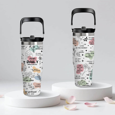 Front and side view of 30 Oz Mom Tumbler With Handle Stainless Steel Insulated Travel Cup With Straw Gift From Daughter