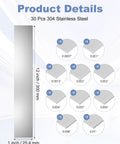 Chart showing Pro Grade 30 Pcs 304 Stainless Steel Shim Stock Set, 1 inch wide by 12 inch long, multi thickness for leveling and DIY projects.