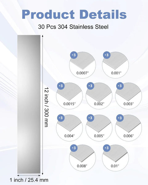 Chart showing Pro Grade 30 Pcs 304 Stainless Steel Shim Stock Set, 1 inch wide by 12 inch long, multi thickness for leveling and DIY projects.