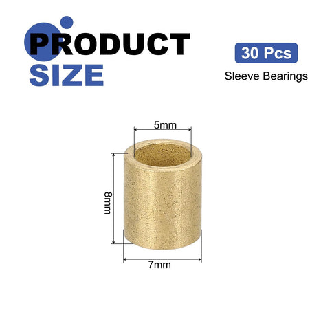 30 Pcs Sintered Bronze Sleeve Bearings With 5mm Bore, 7mm Outer Diameter And 8mm Length Self Lubricating Bushings