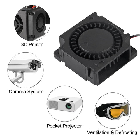 6 Pack 3010 30x30x10mm Brushless DC Cooling Fans next to icons for 3D Printer, Camera System, Pocket Projector, Ventilation & Defrosting
