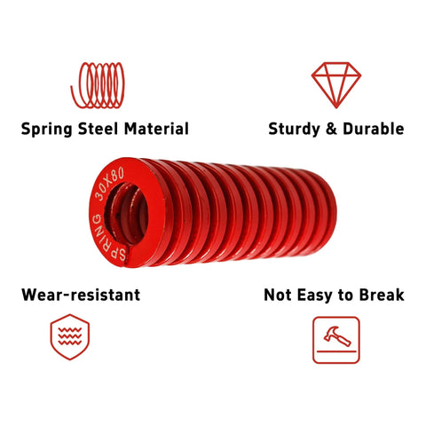 2 Pack 3D Printer Die Springs 30mm OD By 80mm Length, red 65Mn steel, features include wear-resistant and sturdy for 3D printing.