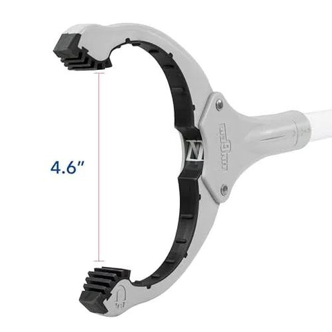 Close-up of Unger 32-inch Grabber Plus reacher head with 4.6-inch opening and built-in magnet.