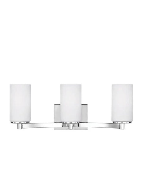 Three Light Chrome Bath Vanity Light With Etched White Glass, Energy Star LED Fixture, Modern Steel Vanity Bar For Bathroom