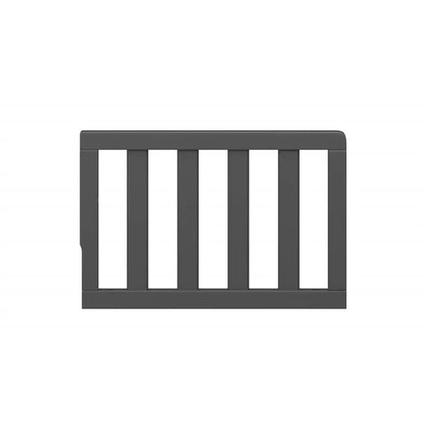 Front view of Universal Wood Toddler Guardrail For Crib To Toddler Bed Transition, Gray Finish, showing slats and secure fit design