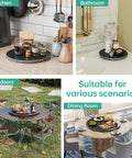 Collage of a 31.5 Inch Lazy Susan Turntable in kitchen, bathroom, outdoors, and dining room, showing its versatile use and style.