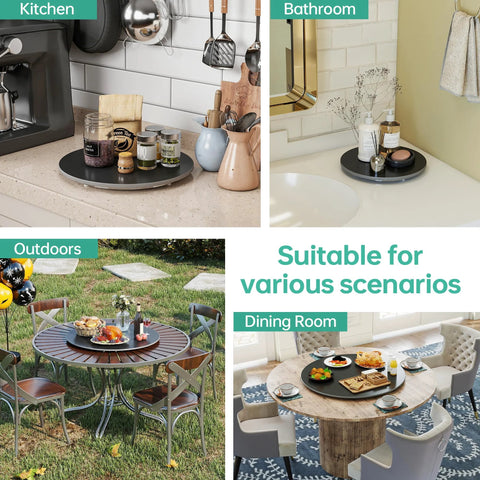 Collage of a 31.5 Inch Lazy Susan Turntable in kitchen, bathroom, outdoors, and dining room, showing its versatile use and style.