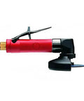 Built Tough Pro Grade Red Pneumatic Air Angle Grinder Boasts A 0.5 Hp Motor And Sturdy Frame For Crushing Through Heavy Metal Cutting Welding Prep And Auto Shop Grinds, featuring a side view with a three inch disc.