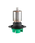 Submersible pond pump with silver motor housing, black mounting flange, and green plastic impeller (front view).