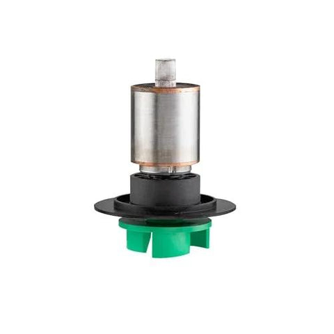 Submersible pond pump with silver motor housing, black mounting flange, and green plastic impeller (front view).