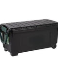 Massive 169 Quart Big Ass Rolling Storage Tote Container With Rugged Heavy Duty Buckle Lid For Outdoor Camping Adventures Yard Cleanup And Home Organizing Black side view with wheels and handle