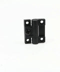 Front view of black plastic door hinge for electric cabinets with torque position control friction hinge and adjustable screw.