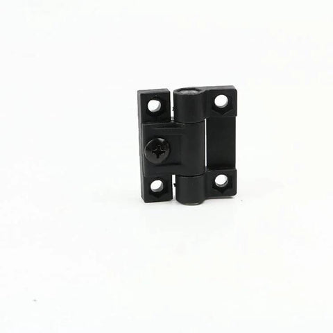 Front view of black plastic door hinge for electric cabinets with torque position control friction hinge and adjustable screw.