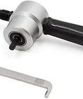 Beefy Double Head Sheet Metal Nibbler Cutter For Drills, silver tone black aluminum alloy tool with spanner, side view