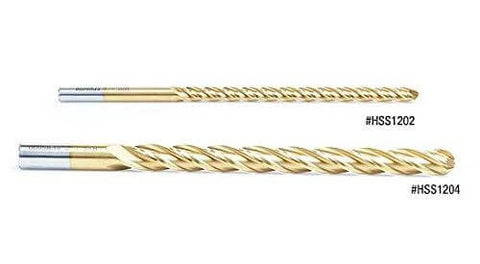 Two HSS foam-cutting end mills shown side by side, with gold bodies and silver tips, 1/2 in diameter, extended reach