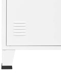 Close-up of ventilation holes on white heavy duty industrial steel bookshelf with doors, 70.9 inch tall storage cabinet.