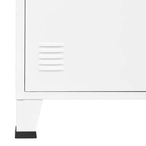 Close-up of ventilation holes on white heavy duty industrial steel bookshelf with doors, 70.9 inch tall storage cabinet.