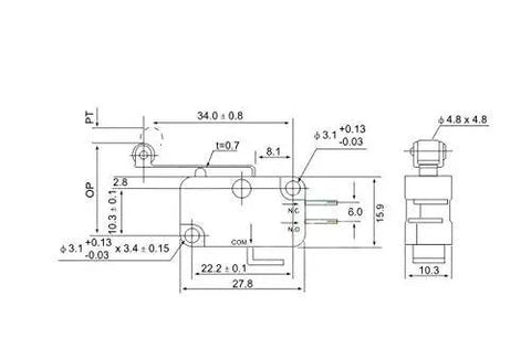 Technical drawing of Six Pack Micro Limit Switch V-156-1C25 Long Hinge Roller Momentary SPDT Snap Action for Arduino Projects and DIY Circuits