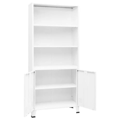 Heavy Duty Industrial Steel Bookshelf With Doors, 70.9 Inch Tall White Storage Cabinet, 3 Shelves and Ventilation Holes