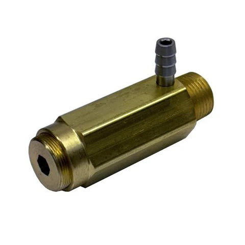 General Pump 100723 cold-water safety relief valve, brass, side view with gray hose barb, 6 GPM, 6000 PSI