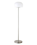 62.25 Inch Tall Floor Lamp With Glass Shade In Brushed Nickel White Milk Glass Mushroom Globe Lamp E26 Base Bulb Handcrafted Steel Base 8 Ft Cord 13 W X 13 D Great For Living Rooms Dens Or Offices With Warm Ambient Light And Modern Studio Style standing against a white background.