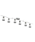 Six-Light Flexible Track Lighting Rail with Glass Shade LED Spot Ceiling Lights, modern and rotatable heads, brushed steel finish.