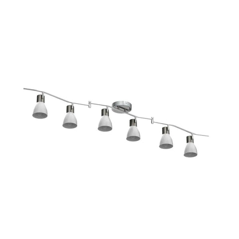 Six-Light Flexible Track Lighting Rail with Glass Shade LED Spot Ceiling Lights, modern and rotatable heads, brushed steel finish.